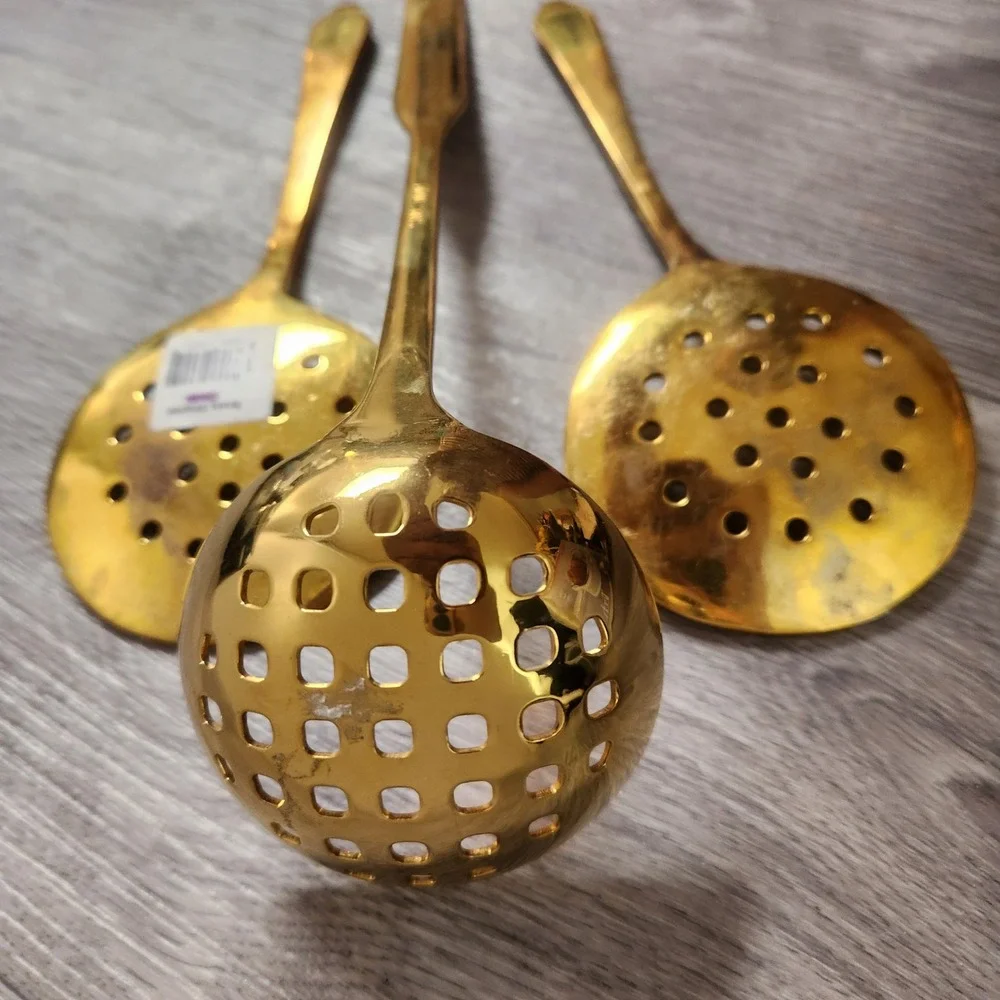 Never Used.  Brass Gold Tone Metal Slotted Spoons Skimmers Ladle Kitchen Gadgets